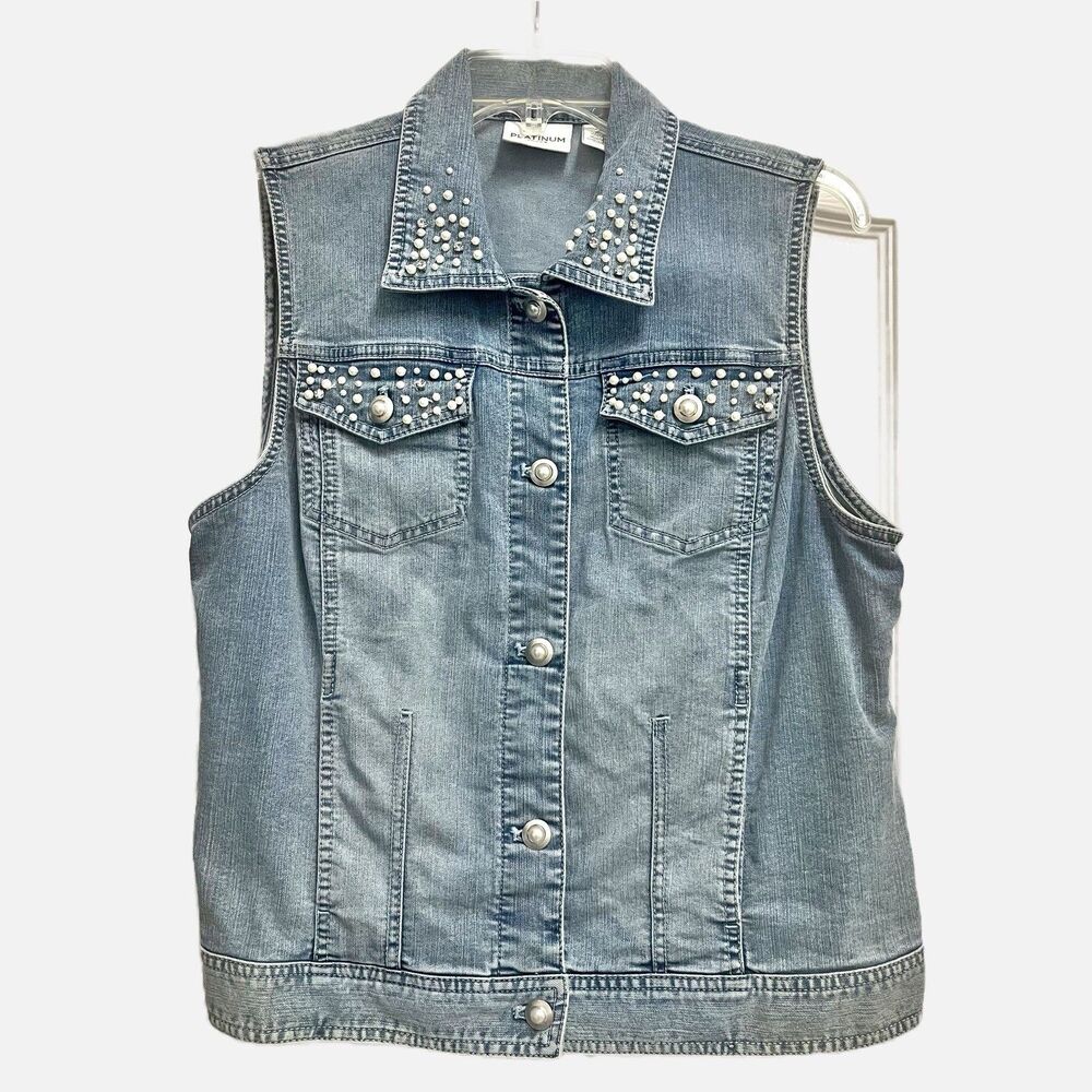 Chico’s Platinum Pearl Embellished Denim Vest Size 2 (12)